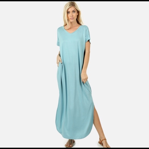 Dresses & Skirts - Light Blue Short Sleeve Pocket Maxi Dress